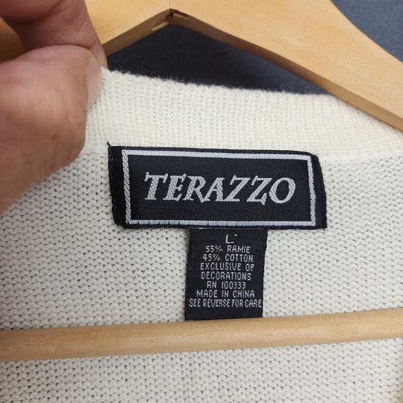 Terazzo Cardigan Sweater Womens Large White Short Sleeve V Neck Sequin Patchwork - Picture 3 of 16